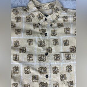 Vintage Woolrich Button Up Shirt Mens XL British Tan‎ Camp All Over Deer Print